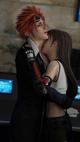 1boy 1girls 3d female final_fantasy final_fantasy_vii final_fantasy_vii_remake kissing_neck long_hair male male/female neck_kiss red_hair reno_(ff7) sensual spiky_hair standing straight suggestive tifa_lockhart yohikoymi