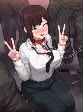 1girls 3boys bangs blush broken_weapon brown_eyes brown_hair chain_leash chainsaw_man collar completely_nude crying dark-skinned_male dark_skin enormous_penis female female_focus full-face_blush hairclip higashiyama_kobeni huge_cock kneeling leash leash_and_collar long_hair male mole monster monster_cock nude nude_male old_art open_mouth peace_sign penis poper scared size_difference spiked_penis steam steaming_body suit suit_and_tie surrounded surrounded_by_penises sweat sweatdrop sweaty tears trembling uncensored veins veiny_penis