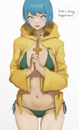 1girls 2024 aged_up bangs bible bikini blue_eyes blue_hair blue_sky blush breasts clothing coat collarbone cowboy_shot english_text eyebrows_visible_through_hair female green_bikini grin highres holy_year_2025 hood hood_down human jewelry light-skinned_female light_skin looking_at_viewer luce_(vatican) medium_breasts navel necklace neckwear outdoors pale_skin petite praying raincoat rosary short_hair simhugger simple_background smile solo speech_bubble stomach swimsuit swimwear text text_bubble underboob wet white_background yellow_coat yellow_jacket yellow_raincoat