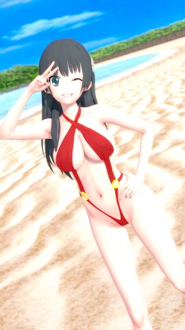 1girls 3d arm_above_head arm_up beach big_breasts bikini black_hair breasts busty cleavage confident female female_only green_eyes grin hand_on_hip hi_res large_breasts legs long_hair looking_at_viewer navel ocean one_eye_closed pose posing red_bikini saten_ruiko sling_bikini smile solo thighs to_aru_kagaku_no_railgun to_aru_majutsu_no_index v water wink