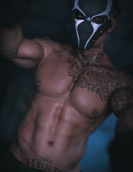 1boy 3d arm_tattoo bettybattaglia call_of_duty call_of_duty_modern_warfare_(2019) chest_tattoo looking_at_viewer male male_only masked masked_male muscular muscular_male nikto nipple_piercing nipples pierced_nipples piercing shirtless shirtless_male solo solo_male stomach_tattoo tattoos