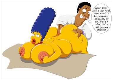 anal_fisting ass big_ass big_breasts breasts bynshy chubby chubby_female dark-skinned_male fat fat_ass female fisting julius_hibbert male marge_simpson on_belly the_simpsons