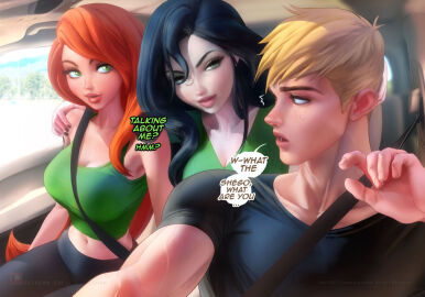 1boy 2girls belt belt_buckle big_breasts black_hair blonde_hair breasts dialogue disney english_text female ginger_hair kim_possible kimberly_ann_possible long_hair male multiple_females multiple_girls ron_stoppable sakimichan shego short_hair text