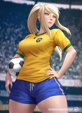 1girls 2024 ball_(object) blonde_female blonde_hair blue_clothing blue_shorts brazil brazilian cbf_logo clothed clothed_female fanart female in_public light-skinned_female light_skin long_hair metroid metroid_dread metroid_fusion metroid_prime nintendo pale-skinned_female pale_skin patreon_username ponytail public samus_aran shirt shorts soccer soccer_ball soccer_uniform stadium stadium_background suddakka t-shirt video_game_character video_games yellow_clothing yellow_shirt