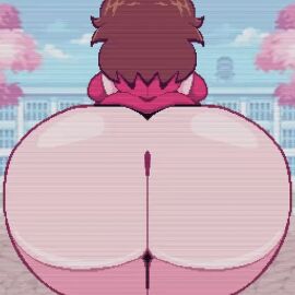 animated animated_gif ass bare_ass big_ass big_butt bottomless brown_hair clapping_ass female friday_night_funkin gif girlfriend_(friday_night_funkin) jiggling_ass no_panties pixel_animation pixel_art red_dress showing_off spicyboi tagme text