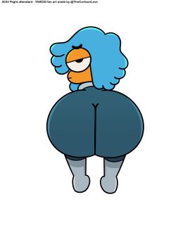 ass ass_focus back_view big_ass big_butt blue_hair cartoon_network clothed clothing crouching flight_attendant_(the_amazing_world_of_gumball) looking_back orange_skin spandex spandex_pants the_amazing_world_of_gumball the_cartoon_love thick_ass tight_pants zoom_in
