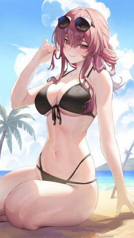 1girls bare_legs barefoot beach bikini breasts cloud female female_only honkai:_star_rail honkai_(series) kafka_(honkai:_star_rail) katana kneeling large_breasts looking_at_viewer navel ocean palm_tree sand sitting sky smile sunglasses sunglasses_removed swimsuit