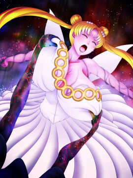arms_held_back bishoujo_senshi_sailor_moon blonde_hair breast_grab breasts closed_eyes clothed clothing dress earrings enormous_breasts female galaxy grabbing grabbing_breasts groping_breasts hacchake_yarou_a_team hair_ornament hatchake_taro huge_breasts large_breasts neo_queen_serenity open_mouth screaming shadow tongue twintails usagi_tsukino
