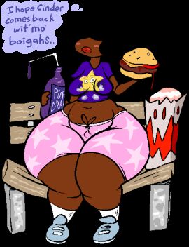 1girls accent afro animated ass bench big_lips big_lips_no_eyes black_hair breasts burger cheezyweapon chubby chubby_female dark-skinned_female dark_skin drink english_text female female_focus female_only food gif hair_covering_eyes hair_over_eyes hips juice large_ass lips midriff penny_(cheezyweapon) pink_shorts ristar ristar_(game) shorts text thick_thighs thighs thought_bubble wide_hips