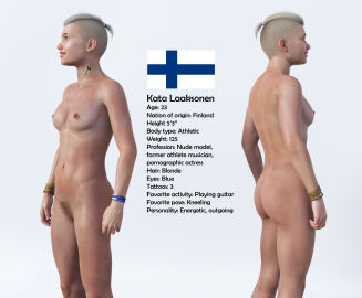 3d absurd_res absurdres athletic athletic_female blonde-haired_female blue_eyes bracelets female finnish_flag grey_background kata_laaksonen light-skinned_female light_skin naked naturally-outfitted neck_tattoo nude nude_female pink_scrunchie pubic_hair short_hair side_shave
