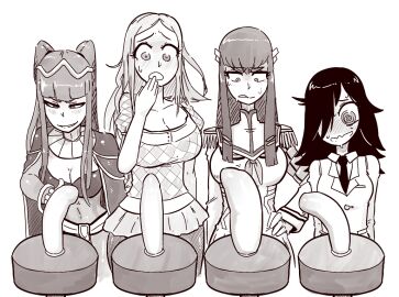 4girls @_@ bar_stool big_breasts blunt_bangs blush bodystocking bracelet breasts cape cleavage commission crossover dildo epaulettes female female_only fire_emblem fire_emblem_awakening greyscale hair_over_one_eye hand_on_own_hip jewelry junketsu kill_la_kill kiryuuin_satsuki kuroki_tomoko large_breasts medium_breasts microskirt monochrome multiple_crossover multiple_females multiple_girls necktie nintendo okita_kyouko okusan plaid_clothes plaid_shirt school_uniform sex_toy shirt skirt stool sweat tenk tharja_(fire_emblem) thetenk thick_eyebrows tongue tongue_out twintails watashi_ga_motenai_no_wa_dou_kangaetemo_omaera_ga_warui!