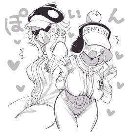 2girls after_transformation big_breasts blush breasts canon_genderswap covered_eyes female female_only fully_clothed genderswap_(mtf) hat headgear headwear jumpsuit mo_su_o monochrome nipple_bulge one_piece penguin_(one_piece) post-timeskip post-transformation rule_63 shachi_(one_piece) short_hair sunglasses surprised sweat transformation