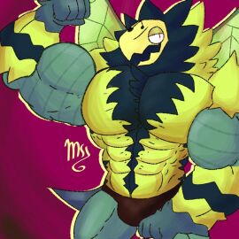 1boy bara brown_underwear bug dronesect flexing flexing_muscles green_skin humbug_(my_singing_monsters) insects male male_focus male_only messy_slimey muscles muscular muscular_male my_singing_buff_or_bara_monsters my_singing_monsters solo solo_male tick_tock_meme yaoi