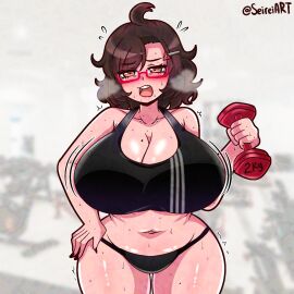 1girls ahoge artist_name big_breasts breasts brown_hair cleavage female glasses huge_breasts light-skinned_female light_skin oc original original_character panties red_eyes saki_(seireiart) seireiart solo solo_female sports_bra steam sweat sweaty_body thick_thighs thighs watermark