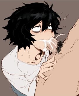 2boys big_penis black_hair blowjob cum death_note emo eye_bags gay gay_blowjob gay_sex horny_octopus jeans l_lawliet light_yagami looking_up male male_only overflowing_cum penis pubic_hair sucking_penis throatpie white_shirt
