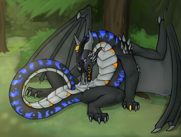 absurd_res anus autofellatio black_body blue_body blue_scales bodily_fluids cum dragon feet feral forest genital_fluids grey_underbelly hi_res hindpaw kuueen looking_at_viewer male masturbation mythological_creature mythological_scalie mythology oral oral_masturbation paws penetration penile penile_masturbation plant precum scales scalie solo spread_legs spreading tail tail_fetish tail_insertion tail_play tree yellow_eyes