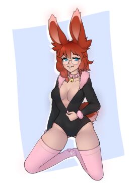ashhy aurora aurora_(league_of_legends) blue_eyes breasts bunny_ears bunny_girl bunny_tail bust collar female freckles glasses league_of_legends paws red_hair thighhighs thighs