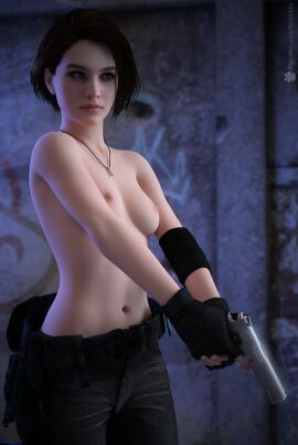1girls 3d blender breasts brown_hair capcom female female_only gun jill_valentine jill_valentine_(sasha_zotova) light-skinned_female light_skin missally necklace nipples patreon_url patreon_username resident_evil resident_evil_3 resident_evil_3_remake short_hair small_breasts solo solo_female source_request topless topless_female trigger_discipline watermark weapon