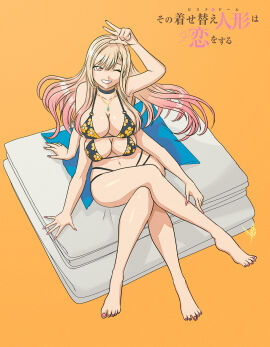 3_legs 4_arms 4_breasts accessworld barefoot bikini blonde_hair breasts crossed_legs female hand_on_thigh kitagawa_marin light-skinned_female light_skin long_hair multi_arm multi_breast multi_leg multi_limb one_eye_closed painted_nails pink_eyes pink_hair sitting smile sono_bisque_doll_wa_koi_wo_suru