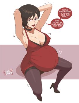 1girls ada_wong arbrianarchy big_belly english_dialogue english_text hands_behind_head lipstick pregnant pregnant_female red_dress resident_evil resident_evil_4 resident_evil_4_remake