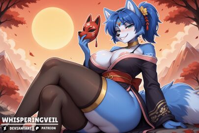 1girls 2025 ai_generated anthro areola_slip artist_name asian_clothing ass ass_from_the_front bedroom_eyes big_breasts blue_body blue_fur blue_hair blush blush_lines bra_strap breasts busty butt_from_the_front canid canine child_bearing_hips cleavage curvaceous curvy curvy_body curvy_female curvy_figure deviantart_logo east_asian_clothing eyelashes female female_focus female_only fluffy_tail fox fox_mask furry glistening glistening_body glistening_breasts glistening_fur hi_res huge_hips huge_thighs illustrious_(stable_diffusion) japanese_clothes japanese_clothing kimono krystal krystal_(star_fox) large_breasts lidded_eyes long_tail looking_at_viewer mammal narrowed_eyes nintendo off_shoulder outside patreon_logo ponytail seductive seductive_look sitting smile solo solo_focus stable_diffusion star_fox sun teal_eyes teeth thick_thighs thighhighs thunder_thighs two_tone_body two_tone_fur voluptuous voluptuous_anthro voluptuous_female watermark whisperingveil white_body white_fur wide_hipped_anthro wide_hipped_female wide_hips