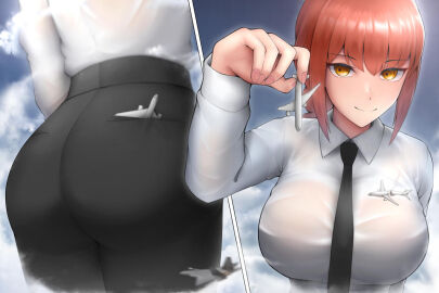 1girls airplane airplanes anime ass big_ass big_breasts big_butt breasts business_attire business_suit chainsaw_man female female_focus female_only giant_female giantess giganticjoke hyper_giantess light-skinned_female light_skin makima_(chainsaw_man) manga plane planes playing red-haired_female red_hair sky smile smiling tie wet_clothes yellow_eyes