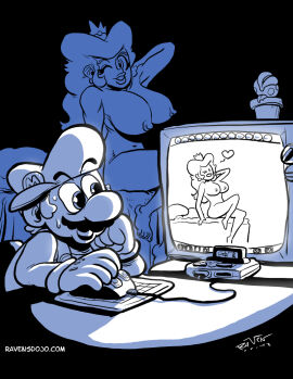 1boy 1girls big_breasts breasts computer female male mario mario_(series) mario_paint nipples nude piranha_plant pose princess_peach raven_perez