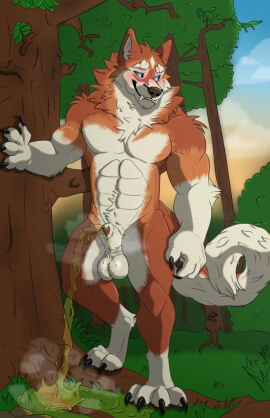 1boy abs animal_genitalia balls big_balls blue_eyes blush bodily_fluids canid canine canine_genitalia canis claws cloud detailled_background domestic_dog forest fur fyekoz genital_fluids genitals grass hi_res husky male male_only mammal muscular mythological_canine mythological_creature mythology nordic_sled_dog orange_body orange_fur outside pawpads pecs peeing plant solo solo_focus spitz splashing_urine tail teeth tree urine urine_pool watersports were werecanid werecanine werewolf white_body white_fur
