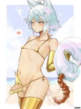 1boy absurdres anal_beads anal_tail animal_ears ass bar_censor bikini blue_hair blush censored cum cum_in_ass ejaculation elbow_gloves fake_tail femboy gloves gold_bikini gold_gloves gold_thighhighs highres male male_focus male_only micro_bikini nohtuy nohtuy18 original otoko_no_ko penis red_eyes sex_toy short_hair swimsuit tail trap
