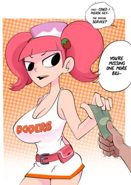 1girls annoyed annoying_watermark black_eyes breasts dialogue english_text female hooters_(parody) hooters_uniform joshin large_breasts milk_(pop'n_music) money paying pink_hair pop'n_music prostitution speech_bubble text