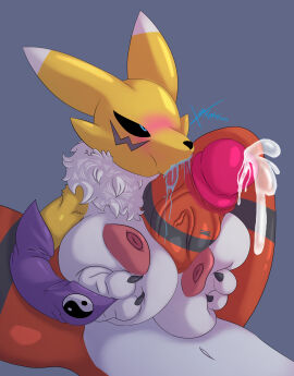 anthro bandai_namco big_breasts bodily_fluids breast_grab breast_play breasts canid canine cum digimon digimon_(species) duo ejaculation female flexible fox genital_fluids guilmon hand_on_breast hi_res humanoid kimerax male male/female monster_boy nipples paizuri renamon reptile scalie sex splits spread_legs spreading titfuck titjob