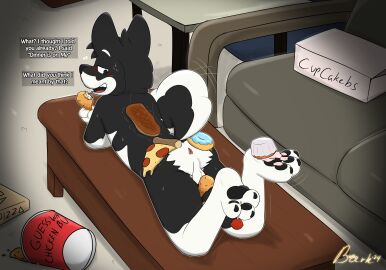 2024 absurd_res alaskan_malamute anthro anus ass balls barkwuff bedroom_eyes black_body black_ears black_eyes black_fur black_hair black_nose black_pawpads black_tail black_toe_claws blush border_collie box candy canid canine canis chicken_meat claws collie container cupcake dessert digital_media_(artwork) domestic_dog doughnut english_text food food_fetish food_on_body food_on_butt food_on_feet food_play fur furniture genitals hair half-closed_eyes herding_dog hi_res holding_chicken_meat holding_food holding_object hyakki_(barkwuff) hybrid inside lollipop looking_at_another looking_back lying male male_only mammal meat multicolored_body multicolored_fur narrowed_eyes nordic_sled_dog nude on_front pastoral_dog pawpads pizza pizza_box roast_chicken_leg seductive sheepdog sofa solo spitz table tail teeth text text_box three-quarter_view toe_claws tongue two-tone_body two-tone_fur two-tone_tail white_body white_fur white_tail