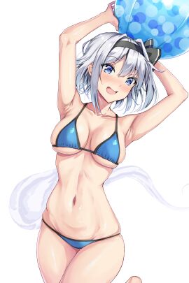 :d absurdres amagi_(amagi626) armpits arms_up ball_(object) beachball bikini black_bow black_hairband blue_bikini blue_eyes bob_cut bow breasts collarbone female ghost hairband halterneck highres holding holding_ball holding_beachball konpaku_youmu konpaku_youmu_(ghost) medium_breasts navel open_mouth short_hair simple_background skindentation smile solo string_bikini swimsuit thighs touhou white_background white_hair youmu_konpaku youmu_konpaku_(ghost)