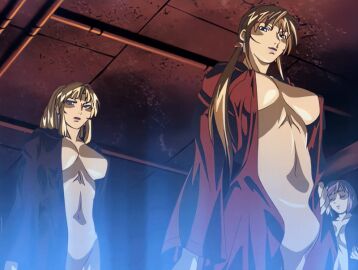 00s 1futa 2004 2girls animated anime_screenshot back bible_black bible_black_new_testament blonde_hair bouncing_breasts breast_jiggle breasts brown_hair chanting cloak earrings female high_ponytail imari_kurumi jewelry large_breasts lipstick long_hair makeup nipples ponytail purple_eyes robe saeki_kaori shin_bible_black side_ponytail tagme