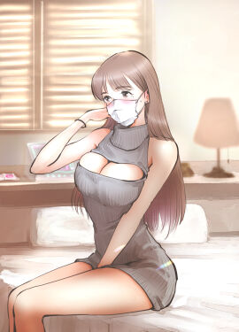 aino bangs breasts brown_hair cheating face_mask female keyhole_turtleneck large_breasts netorare ntr