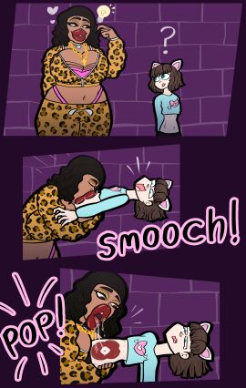 1boy 1girls 2d 2d_(artwork) belly belly_kiss big_breasts big_lips bimbo black_hair blue_eyes breasts breasts_bigger_than_head brick_wall brown_hair cat_ears dark-skinned_female dark_skin diamond digital_drawing_(artwork) digital_media_(artwork) eyelashes eyeshadow female femboy feminine_body feminine_male gold_(metal) gold_eyeshadow gold_jewelry height_difference idea kiss_mark kissable_lips kissing kissing_belly lightbulb lipstick lipstick_mark looking_at_each_other male male/female mk210 mwah pop_(sound_effect) question_mark red_lips red_lipstick red_lipstick_mark saliva saliva_string saliva_trail shorter_male size_difference smooch taller_female tongue victim victim_human victim_male white_skin white_skinned_male wide_hips