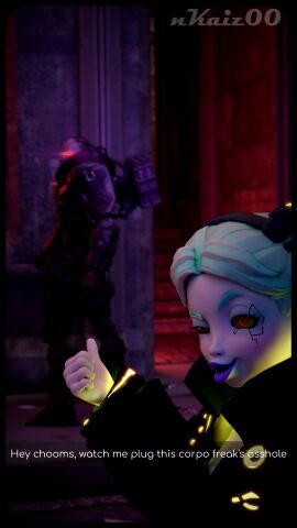 3d adam_smasher before_sex blender breasts cyberpunk:_edgerunners cyborg female human jacket male no_artist outerwear pale_skin rebecca_(edgerunners) small_breasts texting