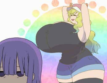 1boy 1girls animated arms_behind_head big_breasts blonde_hair bloxwhater blush bouncing_breasts breasts closed_eyes closed_eyes_smile dragon female gif huge_breasts jean_shorts kobayashi-san_chi_no_maidragon large_breasts lucoa lucoa_(maidragon) magatsuchi_shouta male miss_kobayashi's_dragon_maid no_sound open_mouth purple_hair quetzalcoatl_(dragon_maid) stockings tank_top
