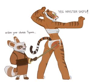 1boy 1girls amugea anthro_only ass correction female kung_fu_panda male master_shifu master_tigress older_male size_difference slap slapping_butt underwear
