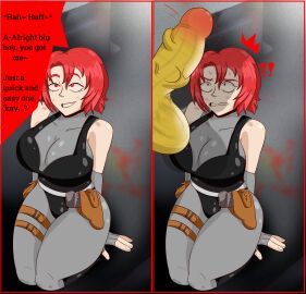 1boy 1girls 2_panel_comic 2koma animal_genitalia animal_penis big_breasts big_penis blush breasts cleavage cock_shock comic comic_panel dialogue digital_drawing_(artwork) dino_crisis dinosaur english_text female grimace grin gun kneeling leather leather_clothing male massive_penis mysaltisexposed on_knees penis penis_awe penis_on_face pistol red_eyes red_hair regina_(dino_crisis) shadow shocked short_hair skin_tight smug sweat sweating velociraptor zoophilia