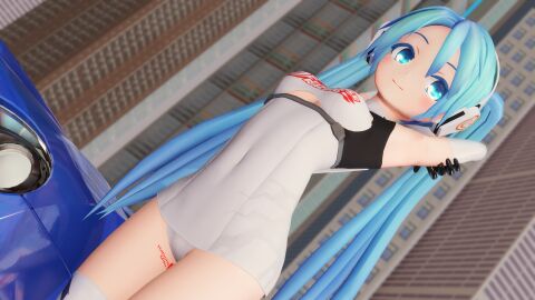 3d 3d_(artwork) 3d_model blue_eyes blue_hair bodysuit breasts female hatsune_miku racing_miku thick_thighs twintails vocaloid