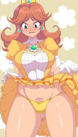 1girls blush bow bow_panties breasts brown_hair clothes_lift crown curvy dress dress_lift dress_lifted_by_self earrings embarrassed female flower_earrings gloves kihaiu lifting_own_clothes mario_(series) navel nintendo orange_dress panties plump presenting presenting_panties princess_daisy shirt_lift short_hair solo solo_female solo_focus super_smash_bros. sweat thighs underwear white_gloves yellow_panties