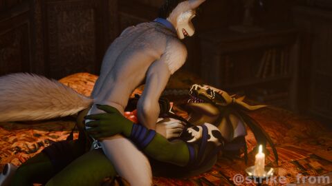 3d_(artwork) anal anal_sex anthro blender blender_(artwork) canid canine canine_penis canis cowgirl_position cum_in_ass cum_inside cum_on_face cum_while_penetrated gay knot knotted_penis lizard lizardman male penis simultaneous_orgasms strikefrommidnight witch_doctor_(terraria) wolf