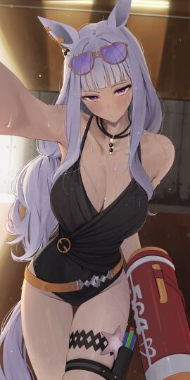 1girls absurdres animal_ears black_one-piece_swimsuit casual_one-piece_swimsuit eyewear_on_head female gold_ship_(run_revolt_launcher)_(umamusume) gold_ship_(umamusume) highres holding holding_water_gun horse_ears horse_girl horse_tail ningen_gokko official_alternate_costume one-piece_swimsuit pov purple-tinted_eyewear sunglasses swimsuit tail tinted_eyewear umamusume water_gun yellow-framed_eyewear