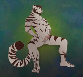 absurd_res anthro big_clitoris clitoris cremekuma cuntboy erect_clitoris felid finger_fuck fingering fingering_self genitals green_background hi_res huge_clitoris hyper hyper_clitoris hyper_genitalia intersex large_clitoris mammal masturbation nipple_piercing nipples nude_anthro nude_cuntboy pantherine piercing pussy simple_background sitting solo striped_body stripes tiger trans_(lore) trans_man_(lore) vaginal_penetration white_body