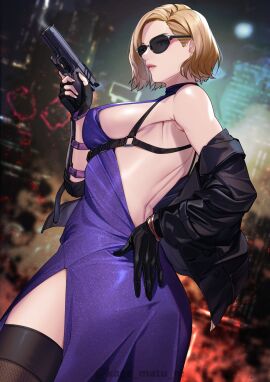 1girls 2d 2d_(artwork) artist_name ass ass_focus assassin back_view blonde_hair breasts dress female female_only femdom gloves gun human human_only kagematsuri looking_at_viewer mature_female milf nina_williams pistol purple_dress questionable sfw side_view sideboob solo solo_female sunglasses tekken tekken_8 thick_thighs thighhighs thighs tinted_eyewear