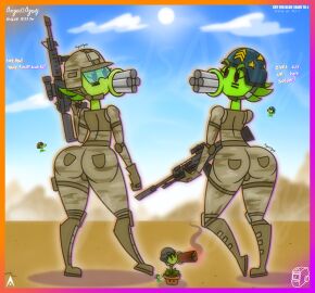 2d_(artwork) agonywelds angelsagony ass big_ass curvy femboy gatling_pea_(pvz) gun looking_at_viewer male mega_gatling_pea_(pvz) military military_uniform peashooter_(pvz) plantie plants_vs_zombies presenting pvz reference_image rifle smoking sniper talking_to_viewer text thick_ass thick_thighs thighs war wide_hips