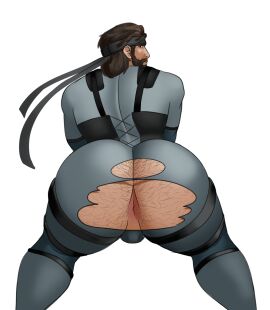 1boy 2d 2d_(artwork) 2d_artwork anus bara exposed_anus exposed_ass facial_hair gay hairy hairy_anus hairy_ass hairy_asshole hairy_butt hairy_male horkrugley looking_at_viewer looking_back looking_over_shoulder male male_only muscular muscular_male pink_anus ripped_bodysuit ripped_clothing skin_tight skintight skintight_bodysuit solid_color_background solid_snake solo solo_focus solo_male white_background yaoi