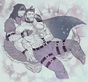 beard big_bad_wolf_(cosplay) chain_leash chains crossdressing deadpool deadpool_&_wolverine_(2024) duya fishnets gay hairy hairy_male large_pectorals little_red_riding_hood_(copyright) little_red_riding_hood_(cosplay) logan_(x-men) male male_only marvel marvel_cinematic_universe marvel_comics mask monochrome muscular muscular_male mutant_(marvel) mutate_(marvel) nipples pectoral_grab wade_wilson wolf_ears wolf_tail wolverine_(x-men) x-men yaoi
