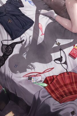 1boy a1t a1t3r_m2s10 absurdres ahoge bed bed_sheet bedroom black_bra black_panties blue_shirt bra breasts condom condom_box condom_wrapper cowgirl_position cum dark-skinned_male dark_skin dressed_shadow_(meme) female from_above hachimiya_meguru hair_flaps hair_ornament hairclip highres id_card idolmaster idolmaster_shiny_colors implied_nudity indoors interracial lanyard large_breasts long_hair low_twintails male meme multiple_condoms nipples okamoto_condoms on_bed panties plaid_clothes plaid_skirt polo_shirt red_skirt removed_clothing sex shadow shirt silhouette skirt socks straddling straight string_panties sweat twintails underwear unworn_bra unworn_clothes unworn_lanyard unworn_panties unworn_skirt used_condom white_socks